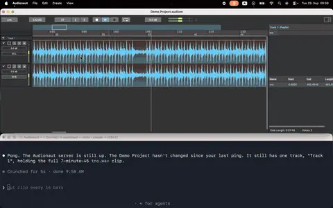 Audionaut 편집 화면. 위쪽에 스테레오 파형 트랙, 아래 터미널에서 Claude가 'cut clip every 16 bars' 명령을 받는 모습.