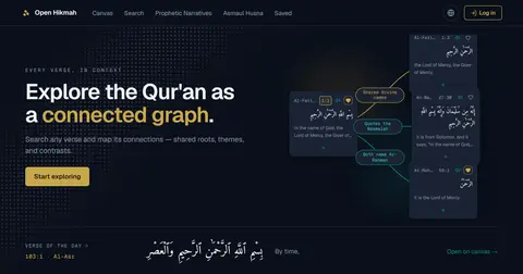 Open Hikmah 첫 화면. 'Explore the Qur'an as a connected graph' 문구와 아랍어 구절 카드들이 선으로 이어진 캔버스.